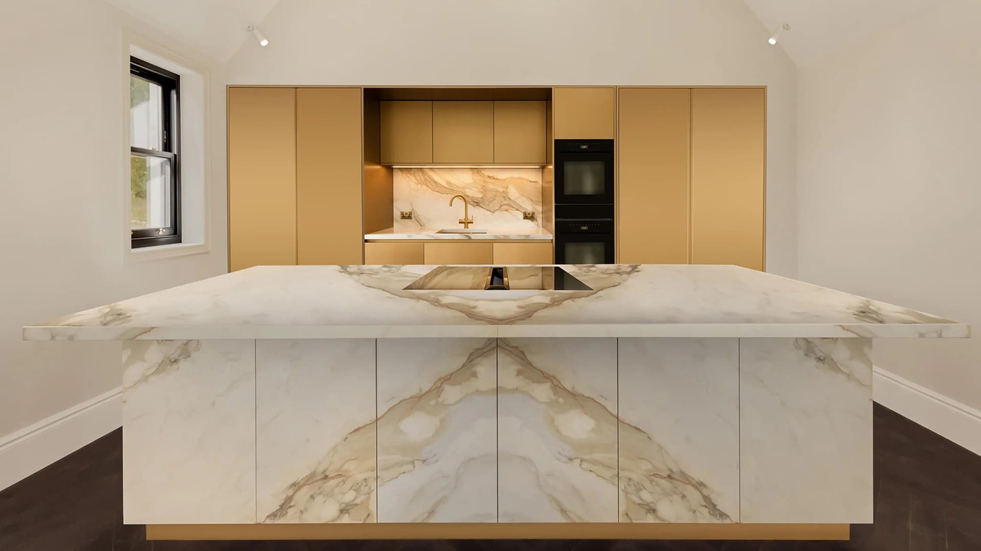 Tansley Farm kitchen in the Cotswold District, with gold-effect lacquer and Calacatta Hermitage stone