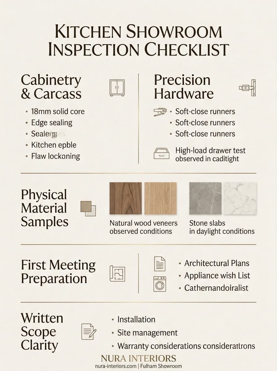 Kitchen Showroom Inspection Checklist infographic by Nura Interiors, detailing cabinetry, hardware, material samples and first meeting preparation