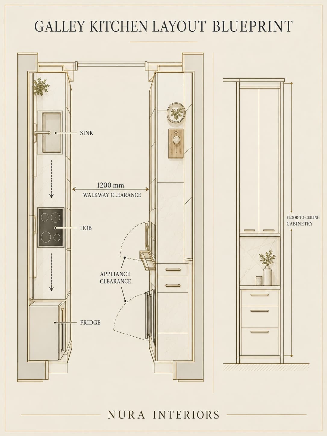 Nura galley kitchen blueprint with a 1200 mm illustrated walkway between parallel cabinets, sink, hob, fridge, appliance opening arcs and full height storage elevation