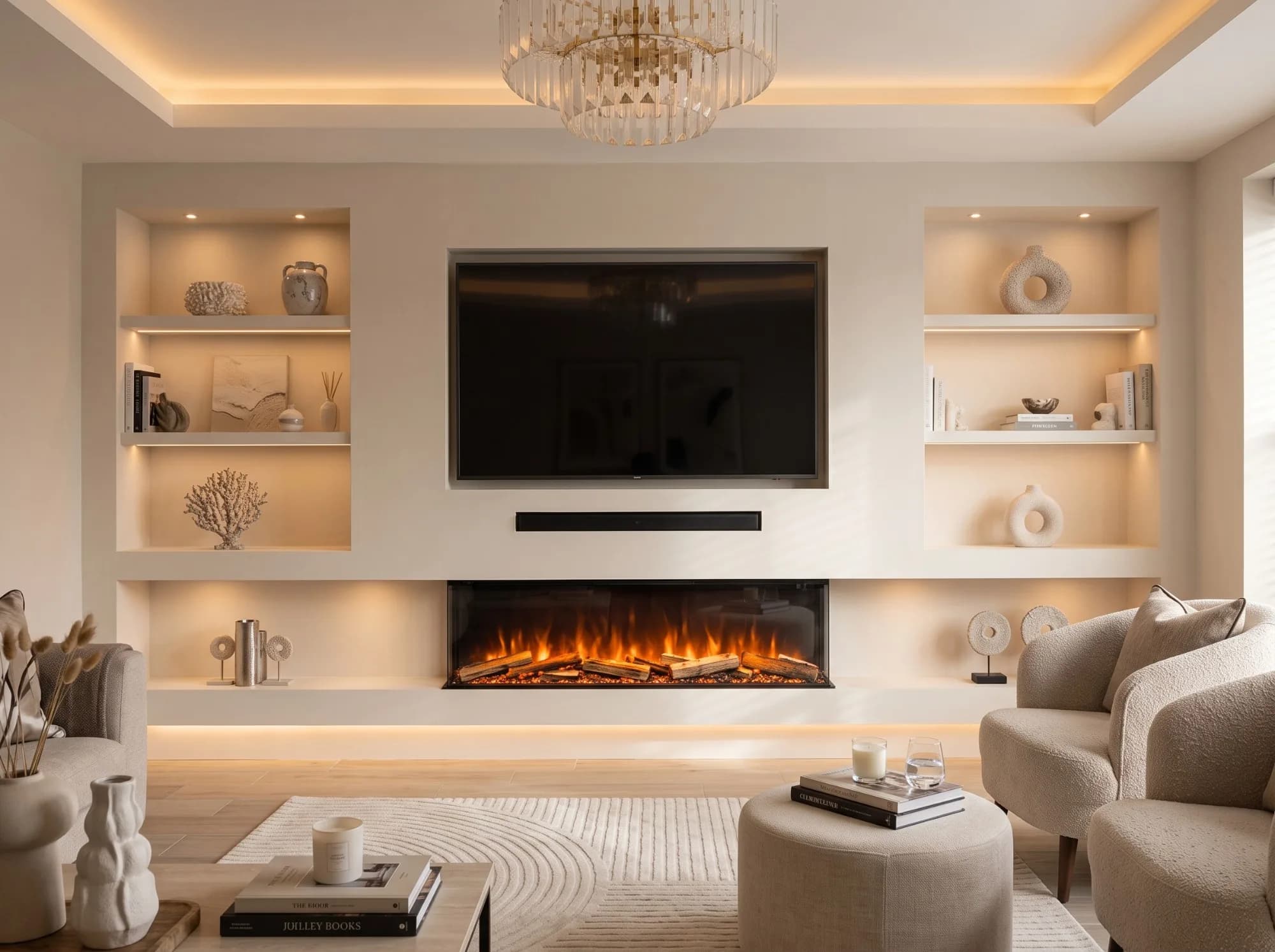 Bespoke media wall with integrated television, illuminated shelving and electric fireplace in a London living room