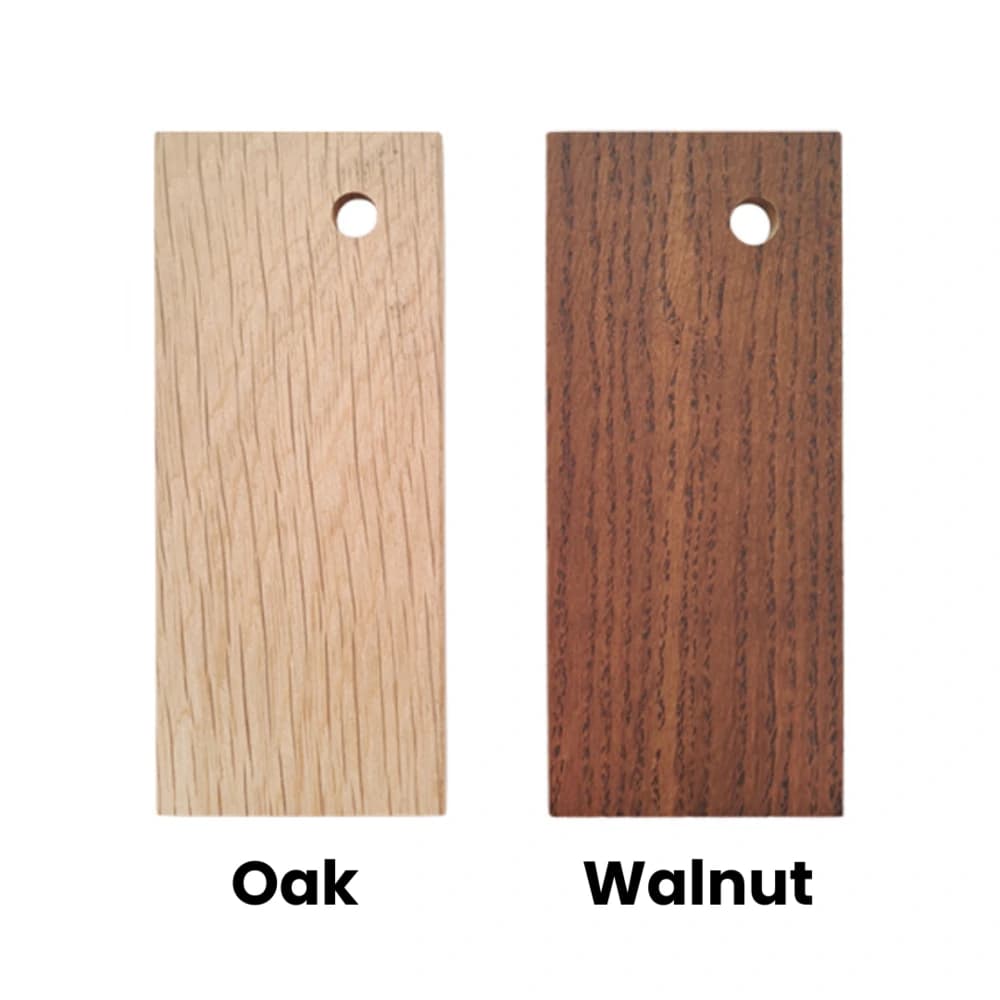 Two rectangular timber samples labelled Oak and Walnut