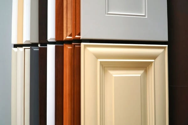 Display of painted, timber and framed cabinet door samples