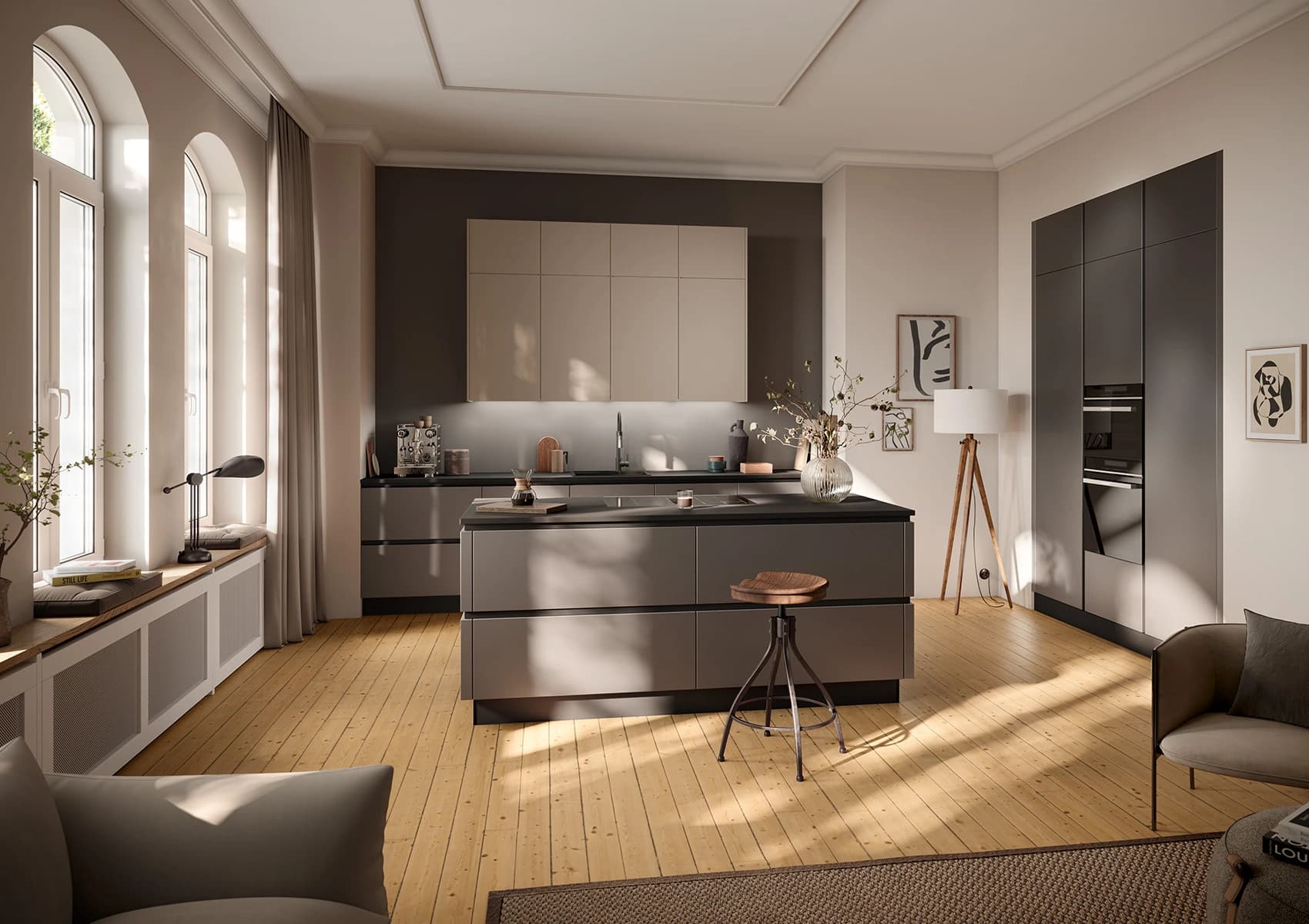 Kitchen island and timber floor in a room with tall arched windows