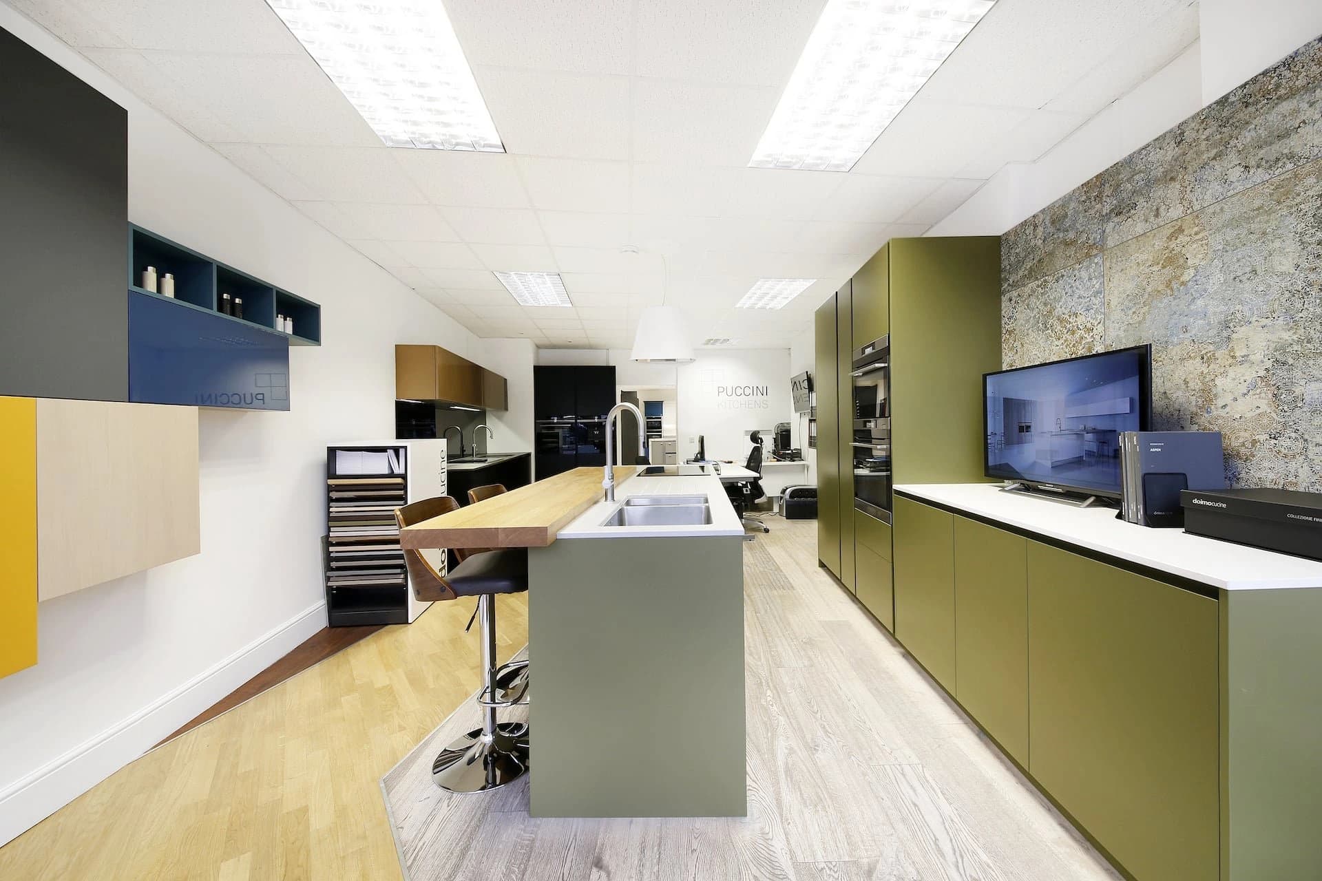 Kitchen showroom with several cabinet displays