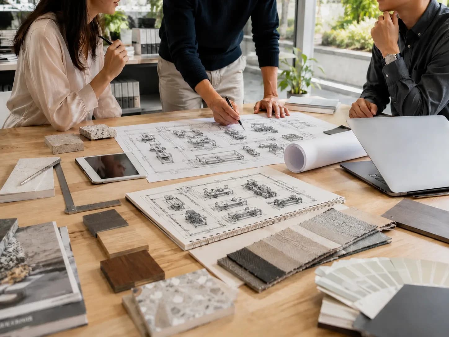 People comparing plans and material samples at a table