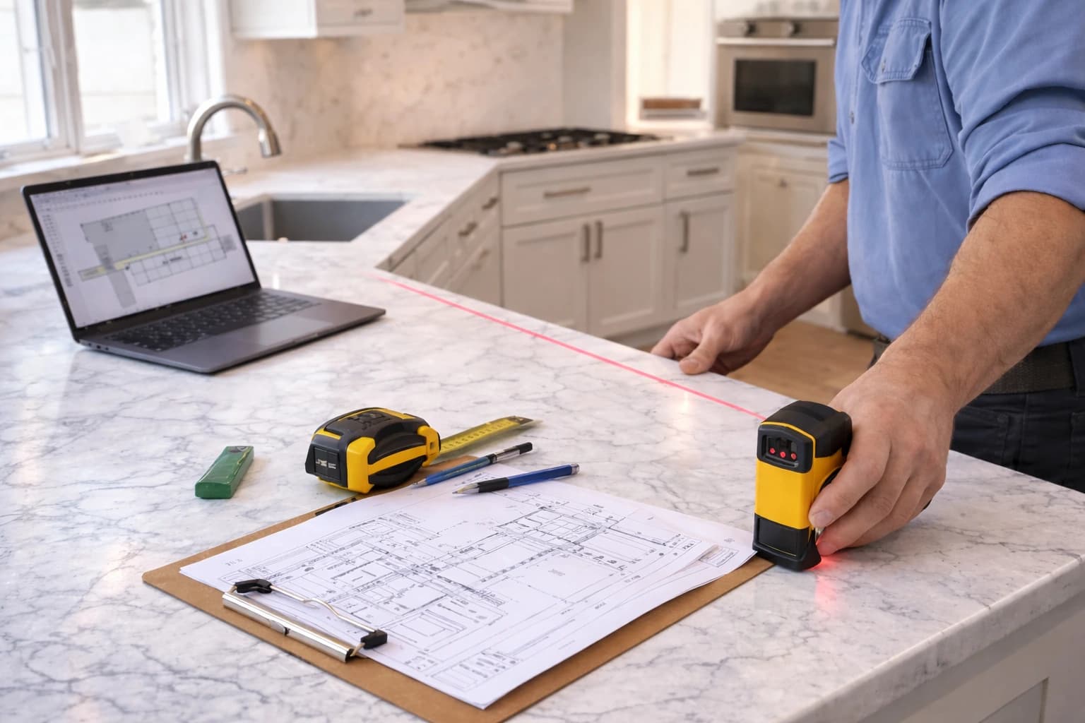 Person comparing a drawing with a worktop measurement