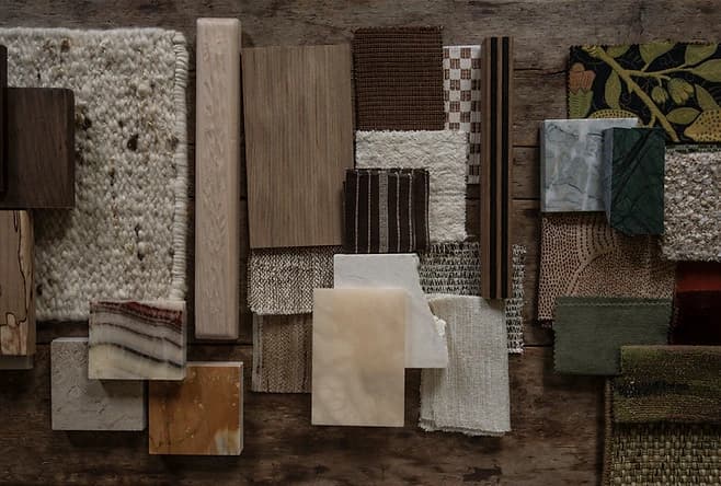 Timber, fabric, stone and textured material samples arranged together