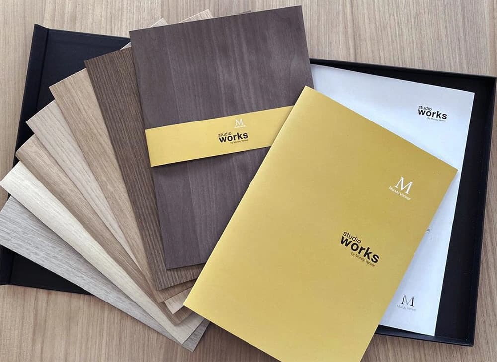 Veneer sample pack with labelled timber sample boards