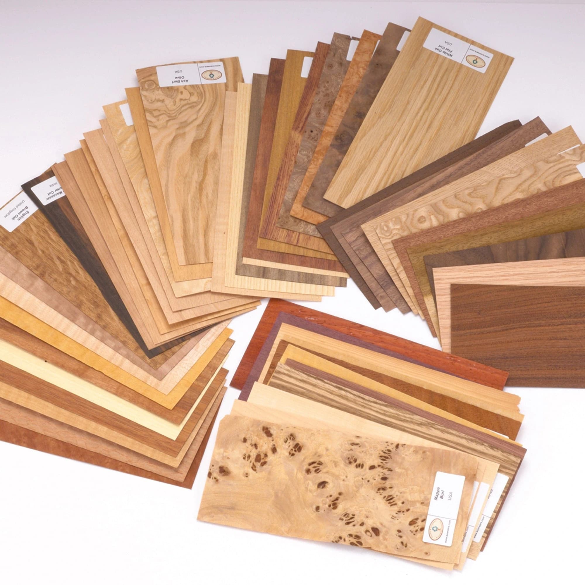 Fan of labelled timber veneer samples