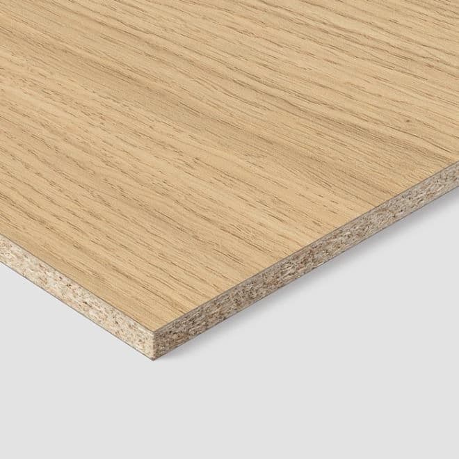 Close view of a wood-faced particleboard panel and its edge
