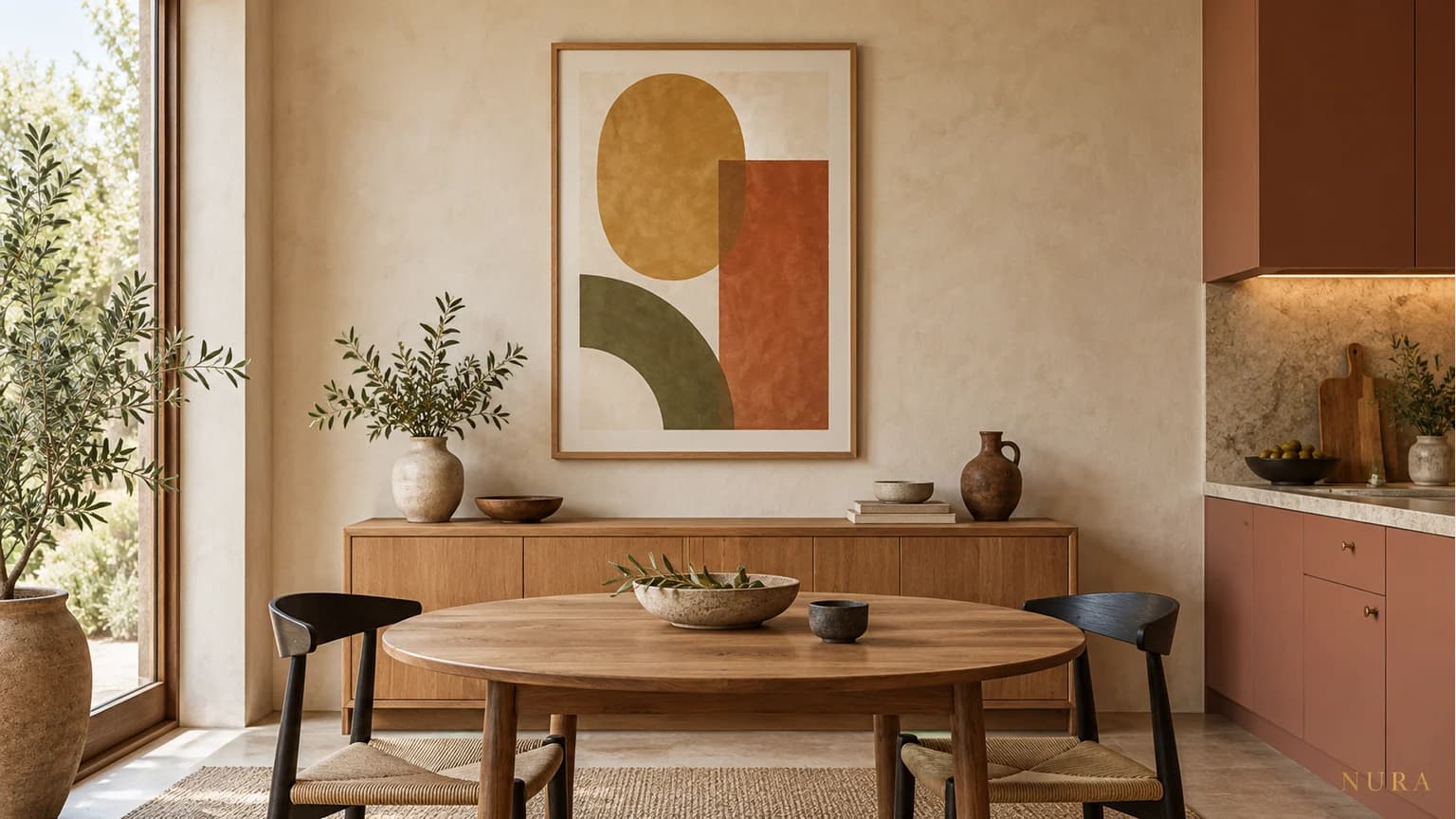 Illustration of an original abstract picture in a timber frame above a kitchen dining sideboard