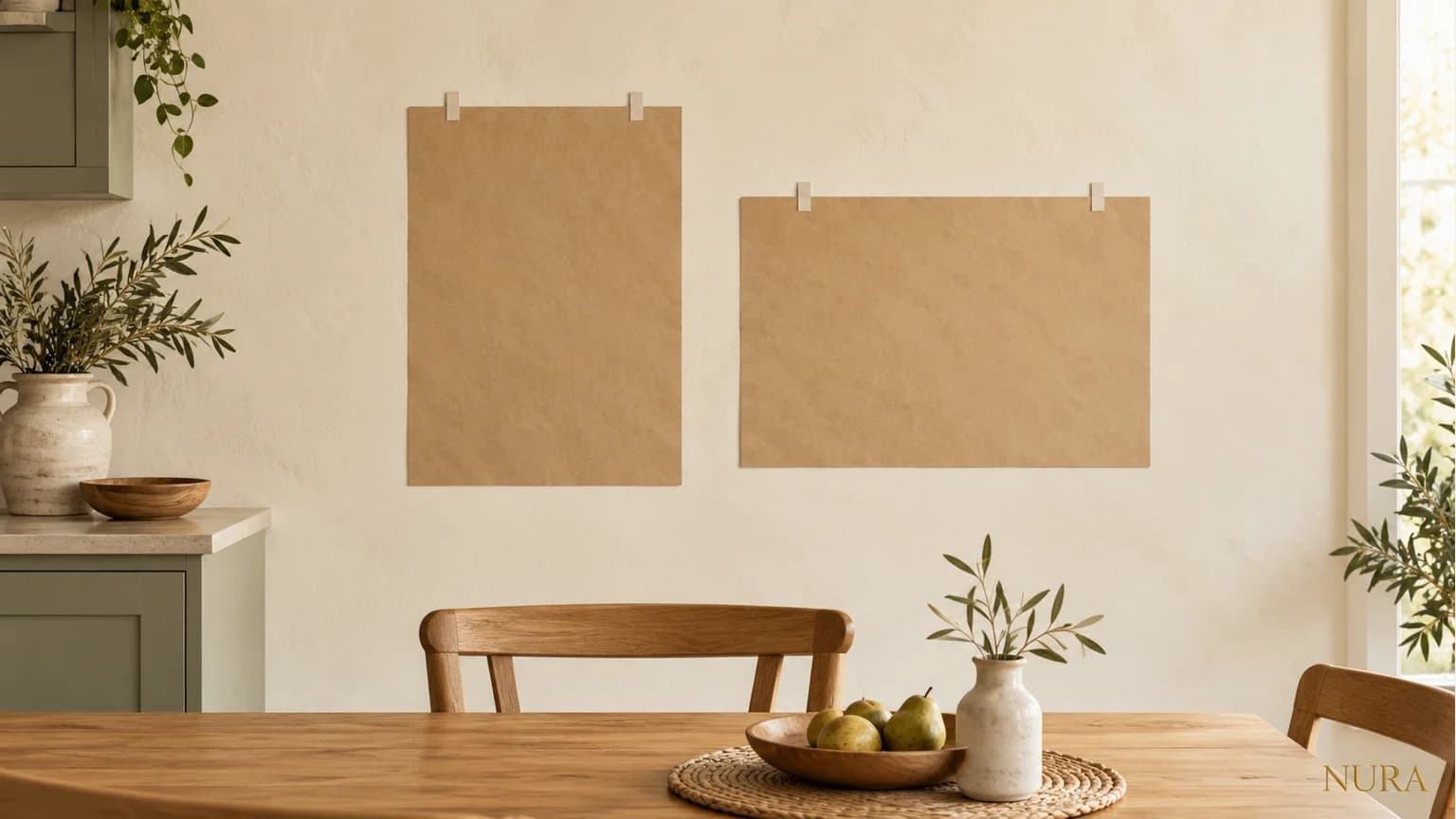 Illustration of portrait and landscape paper frame outlines on a pale wall above an oak dining table