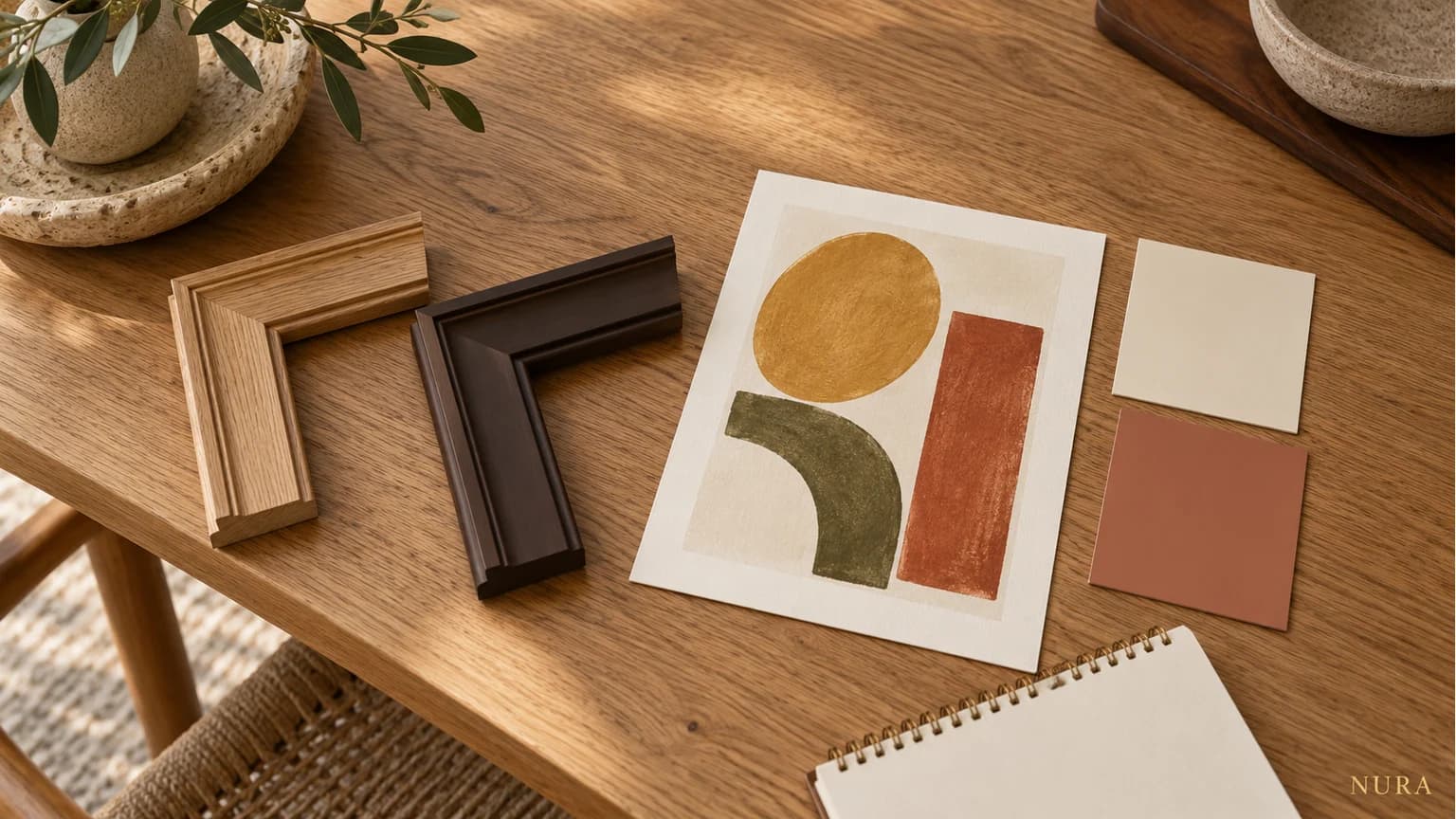 Illustration of oak and dark frame samples beside an original abstract print and neutral kitchen finish swatches
