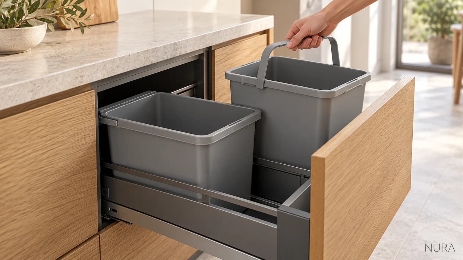 Illustration of a hand lifting a grey removable bucket from an open oak waste drawer