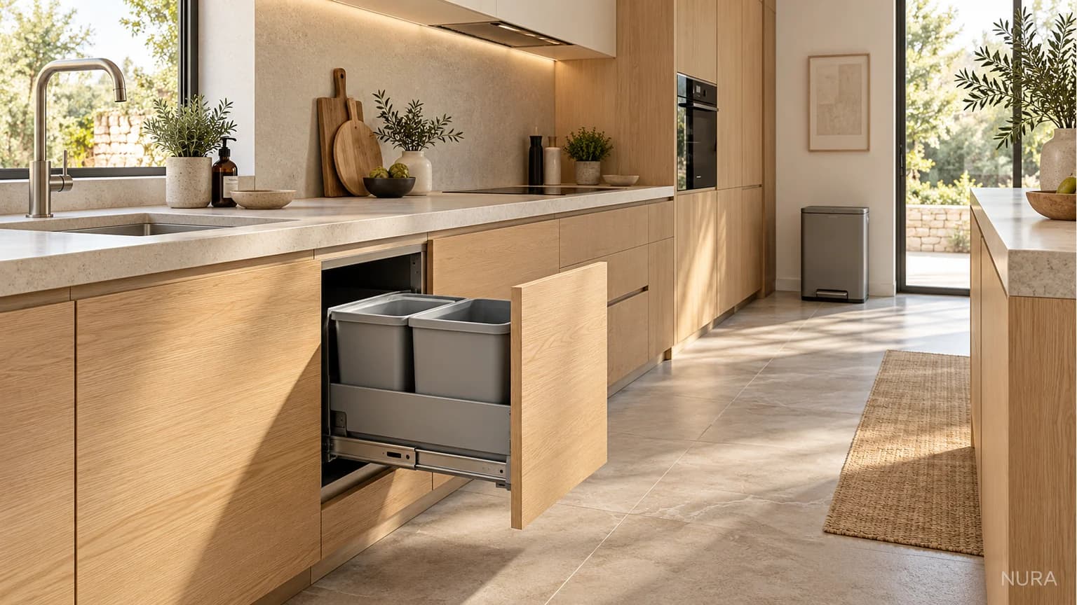 Illustration of an open integrated waste drawer with grey sorting buckets beside a kitchen preparation area