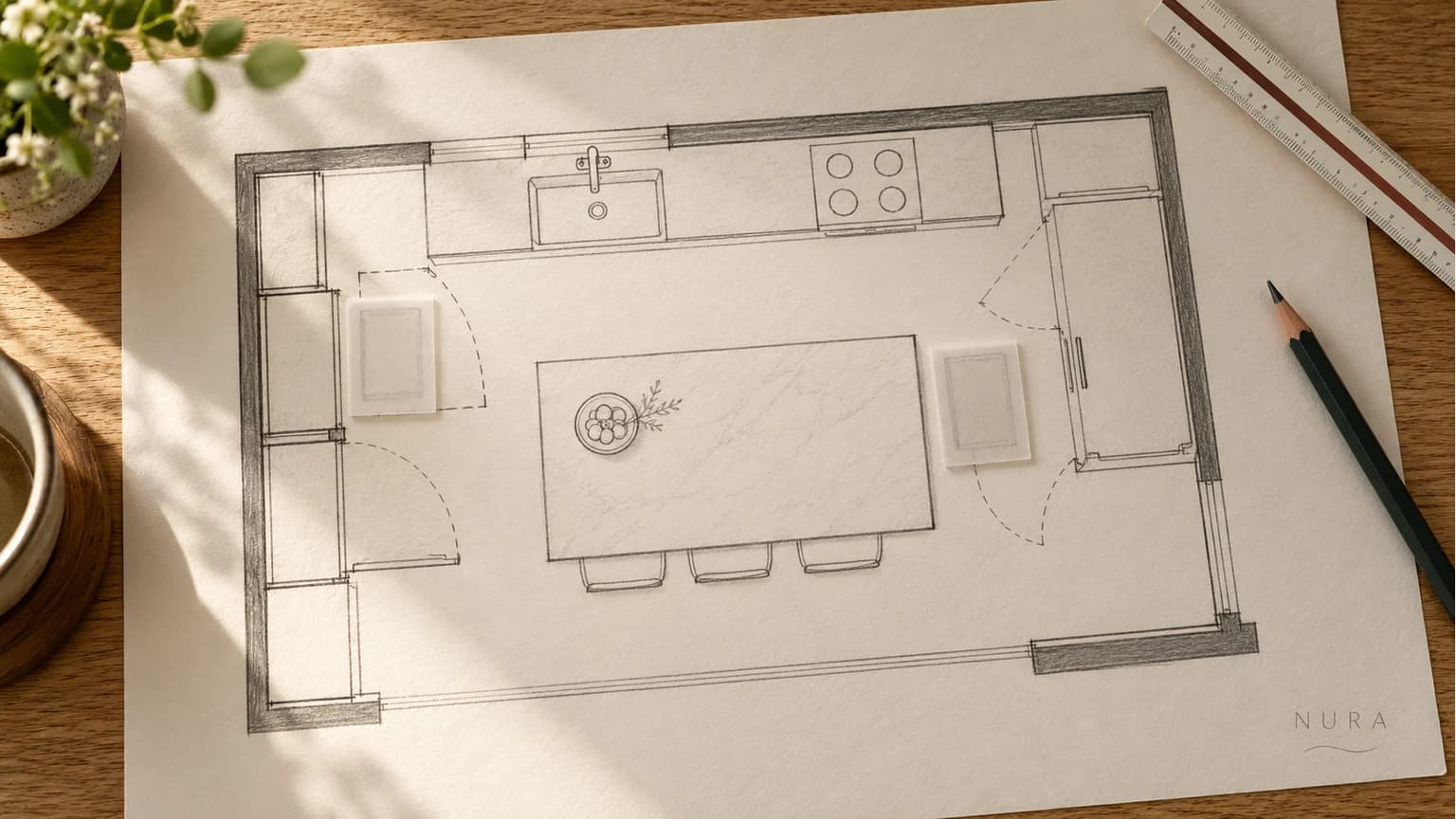 Illustration of a kitchen plan with pencil door arcs and two alternative bin-position markers