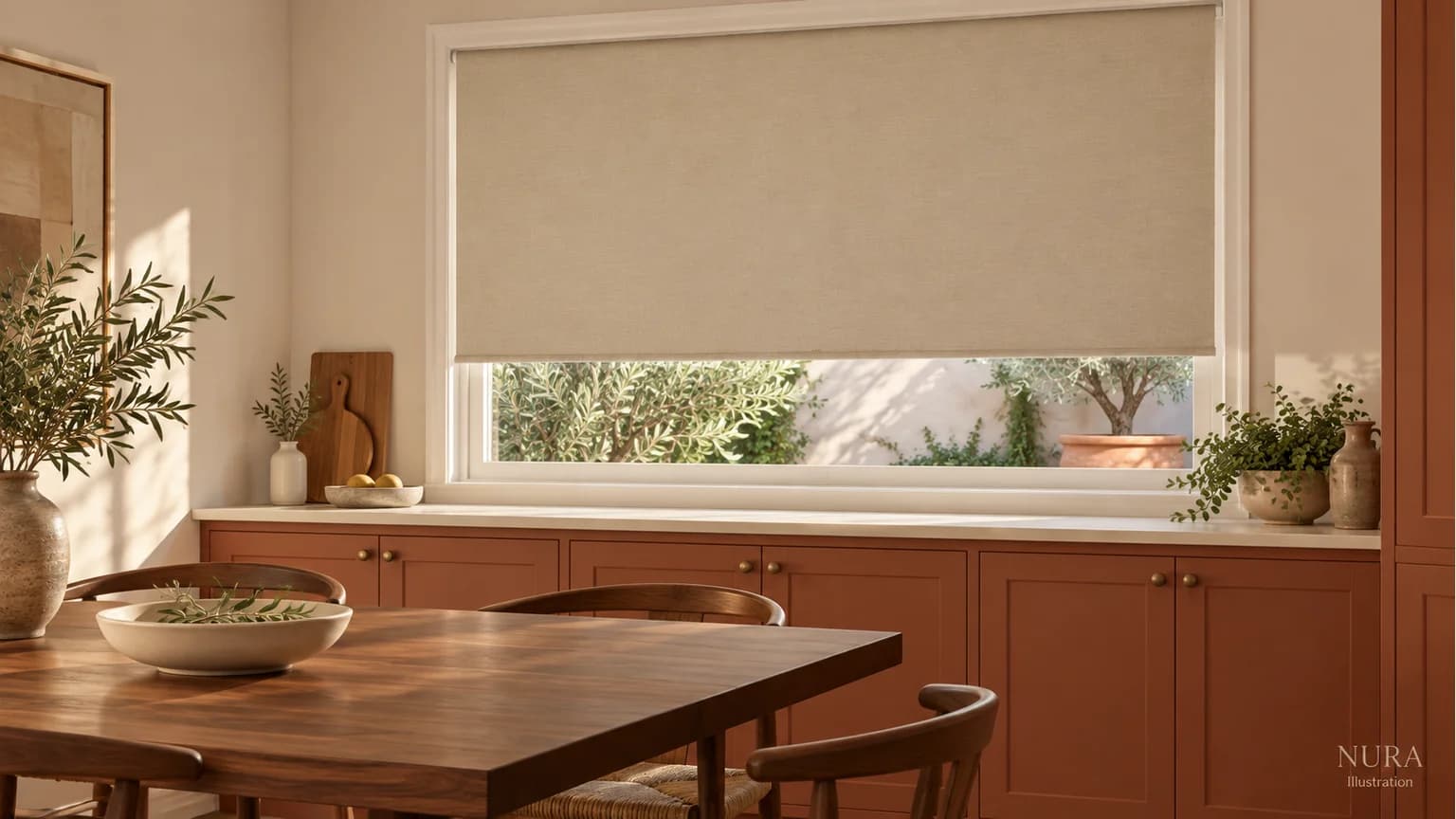 Oatmeal roller blind lowered above terracotta kitchen cabinets beside a walnut dining table