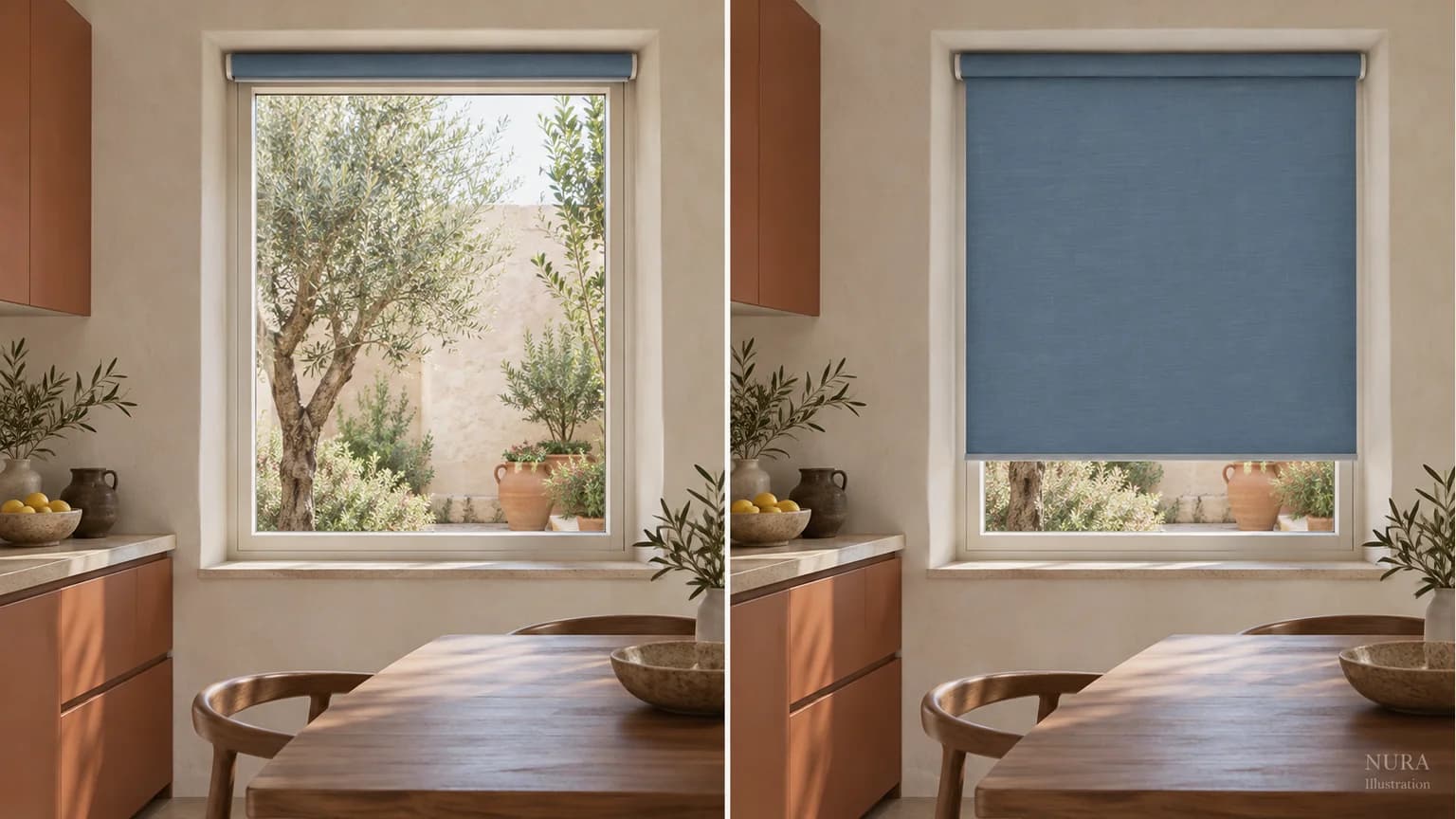 Two illustrations of the same blue kitchen roller blind raised and lowered
