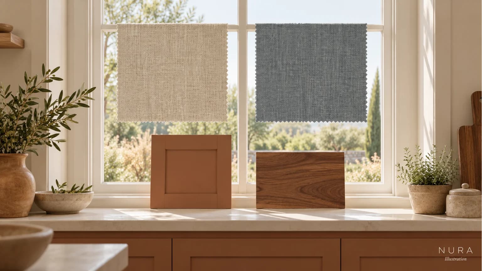 Oatmeal and dusty-blue fabric swatches upright at a window beside terracotta and walnut samples