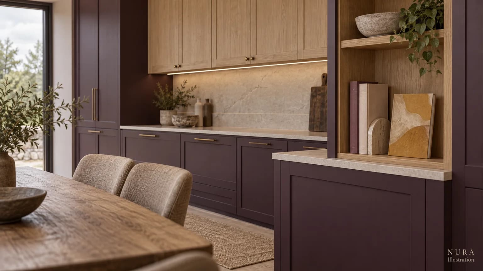 Plum kitchen cabinetry with an oak cookbook shelf, supported closed books and one ochre cover facing out