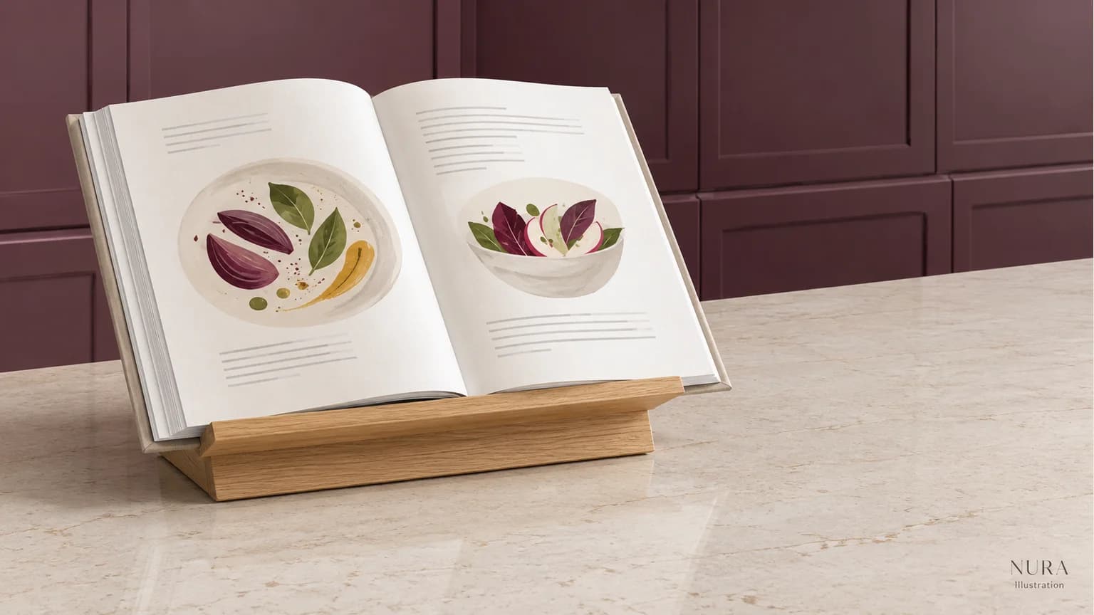 Open cookbook supported on an oak stand beside a clear area of pale kitchen worktop