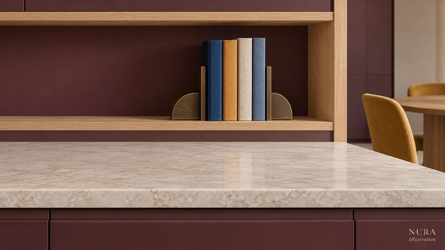 Blue, ochre and ivory cookbook spines supported between bronze bookends on an oak shelf