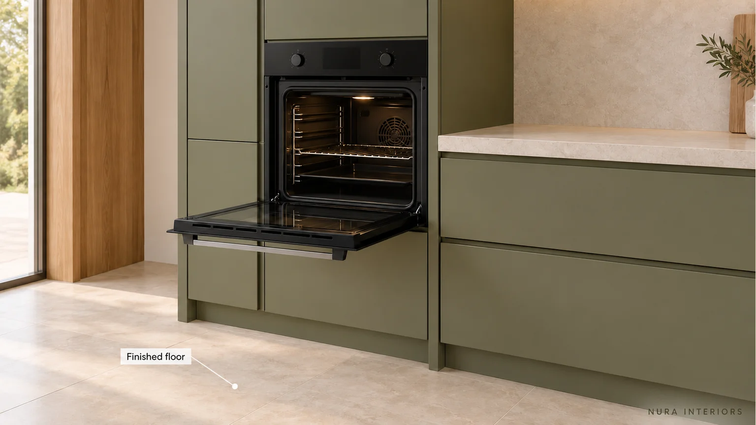 Open black oven in olive tall cabinetry beside a pale worktop, with a marker pointing to the finished floor