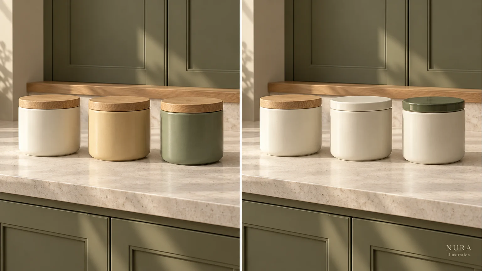 Two kitchen canister arrangements comparing mixed bodies with oak lids and matching ivory bodies with varied lids
