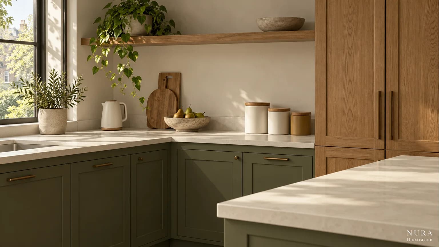 Ivory and muted ochre kitchen canisters with oak lids on a pale worktop beside olive cabinetry