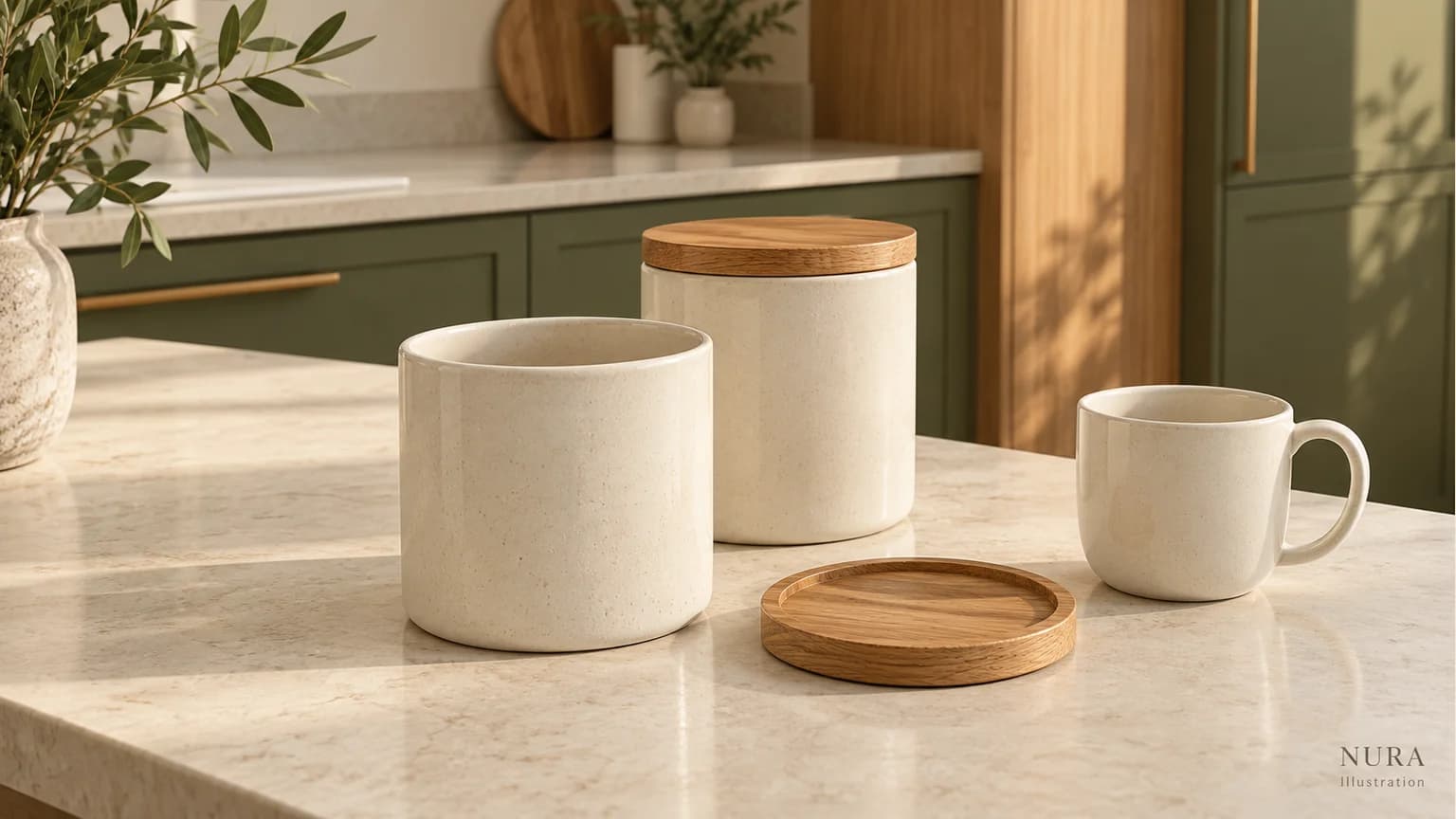 An ivory kitchen canister with its oak lid resting beside it and a cup in front of olive cabinetry