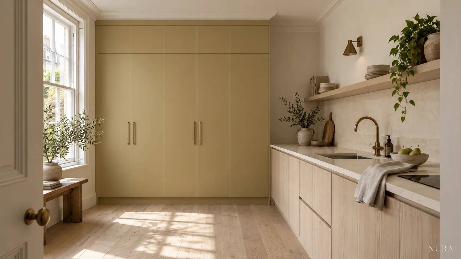 Ochre tall cupboards with a separate upper row beside an ash kitchen worktop and ivory ceiling