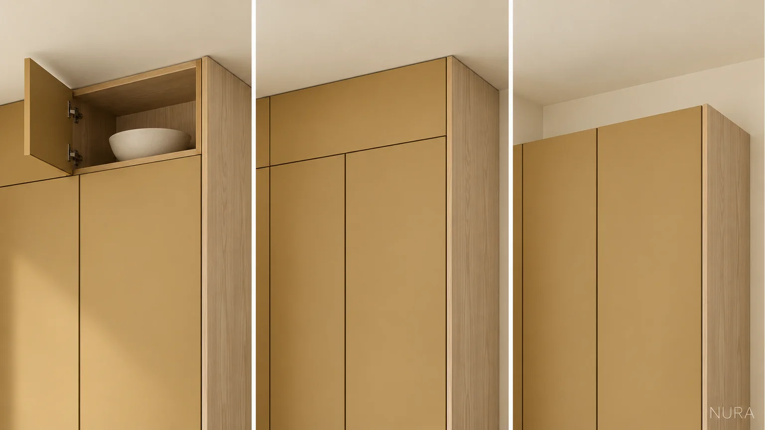 Three ochre cabinet top treatments: open upper cupboard, solid finishing band and open gap below the ceiling