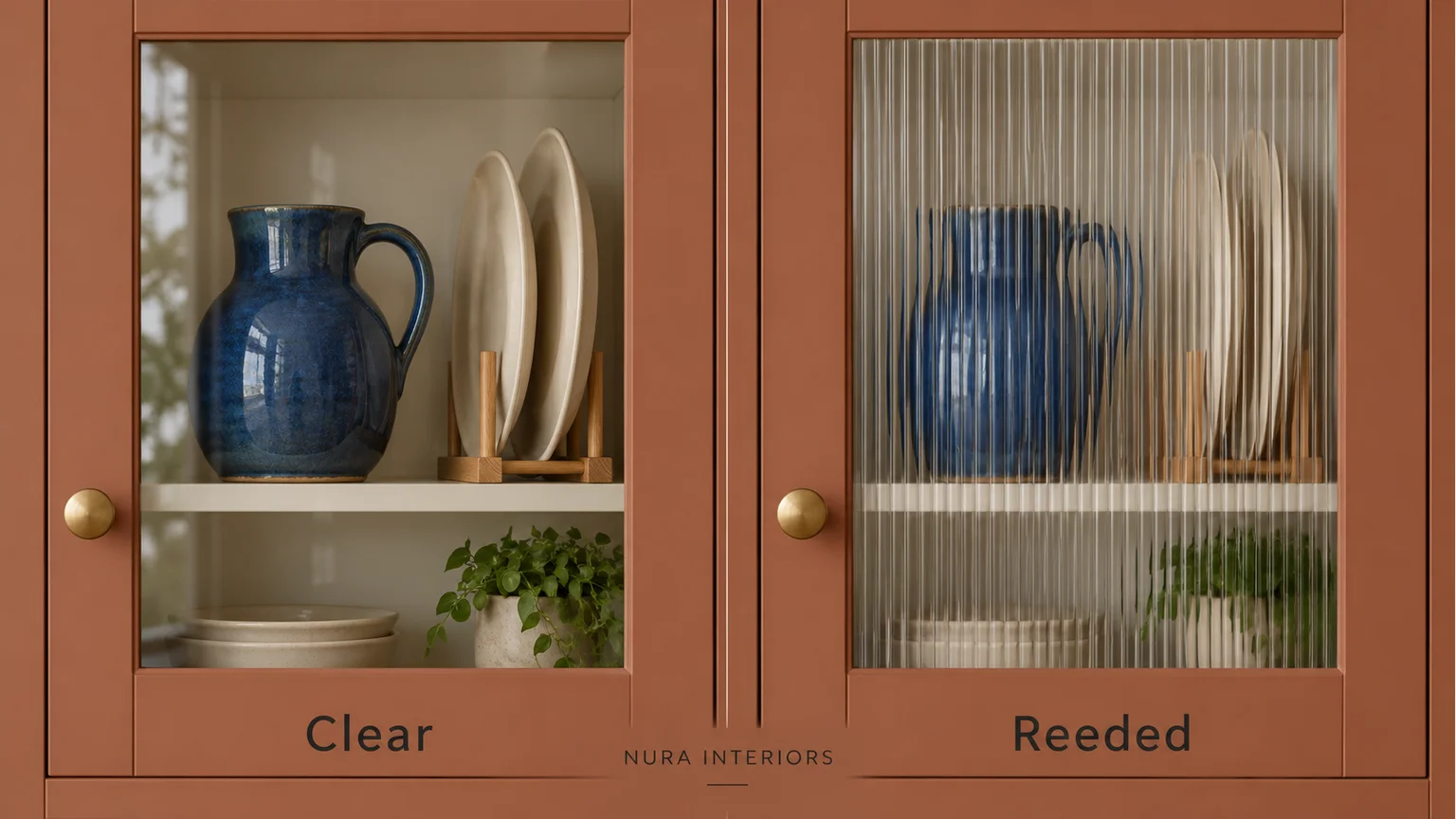 Paired terracotta cabinet doors with clear glass on the left and vertical reeding on the right, showing blue jugs and cream plates