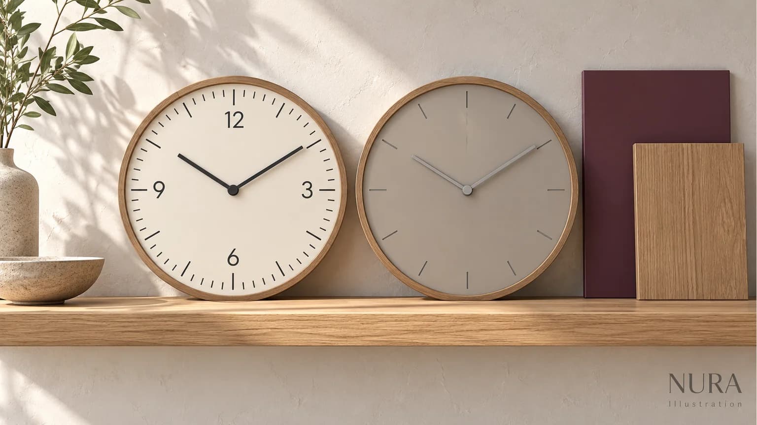 Two oak-framed clock-face illustrations with different hand contrast beside plum and oak samples