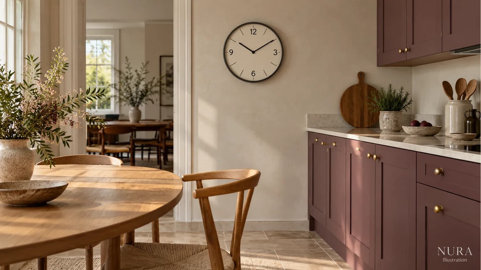 Ivory wall clock with dark hands beside plum kitchen cabinets and an oak dining table