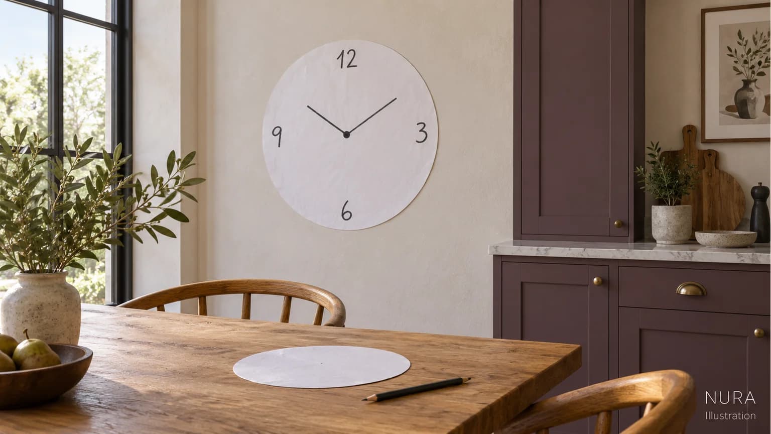Paper clock-face mock-up on a pale wall beside plum cabinetry with another paper circle on an oak table