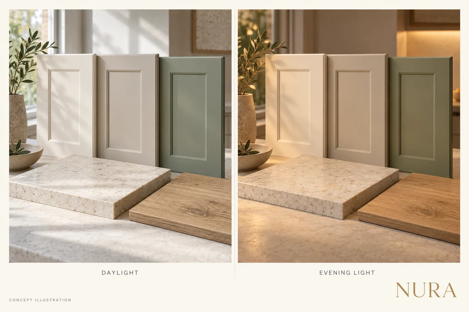Concept illustration comparing cabinet sample colours beside stone and oak in daylight and warm evening light