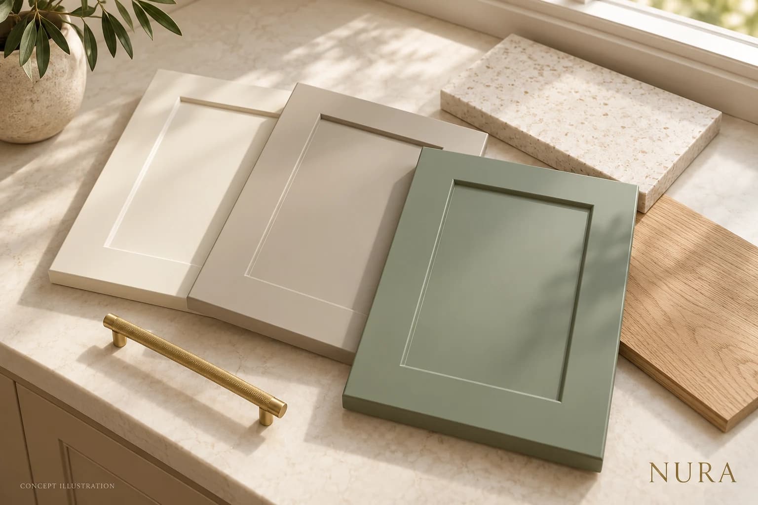 Concept illustration of off-white, greige and sage cabinet samples beside cream stone, oak and a brass handle