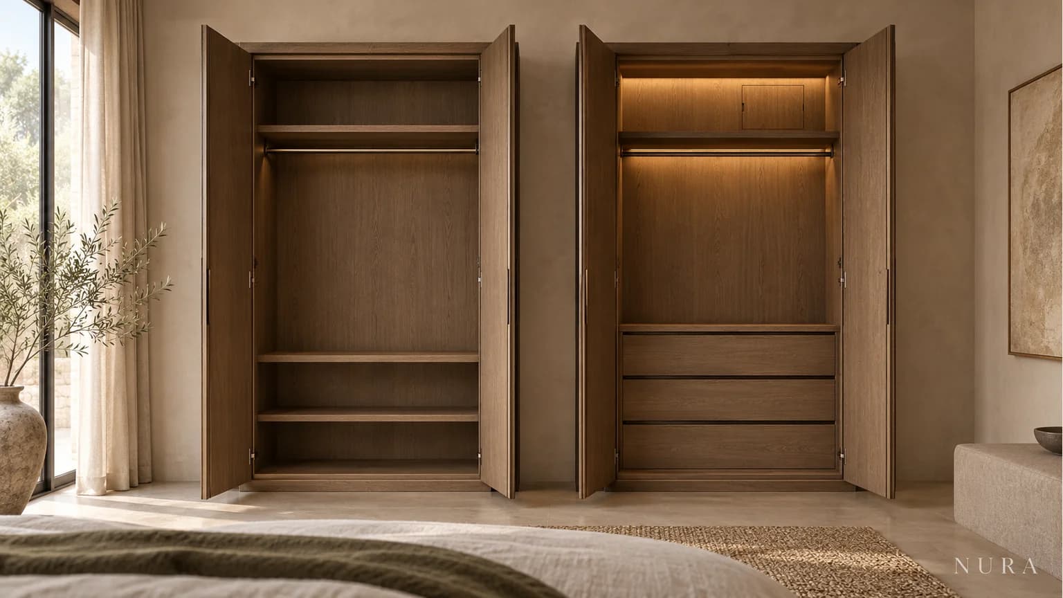 Two open oak wardrobes showing different internal shelves, drawers and lighting