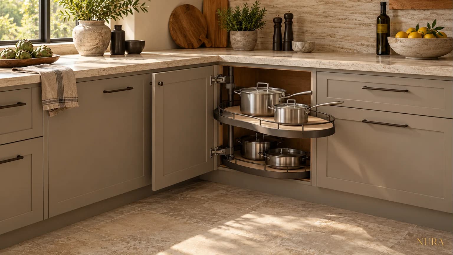 Illustration of a greige corner kitchen cabinet with a curved shelf extended and empty saucepans