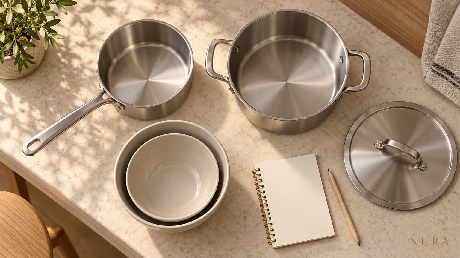 Illustration of empty pans, a separate lid and nested mixing bowls laid out on a pale worktop