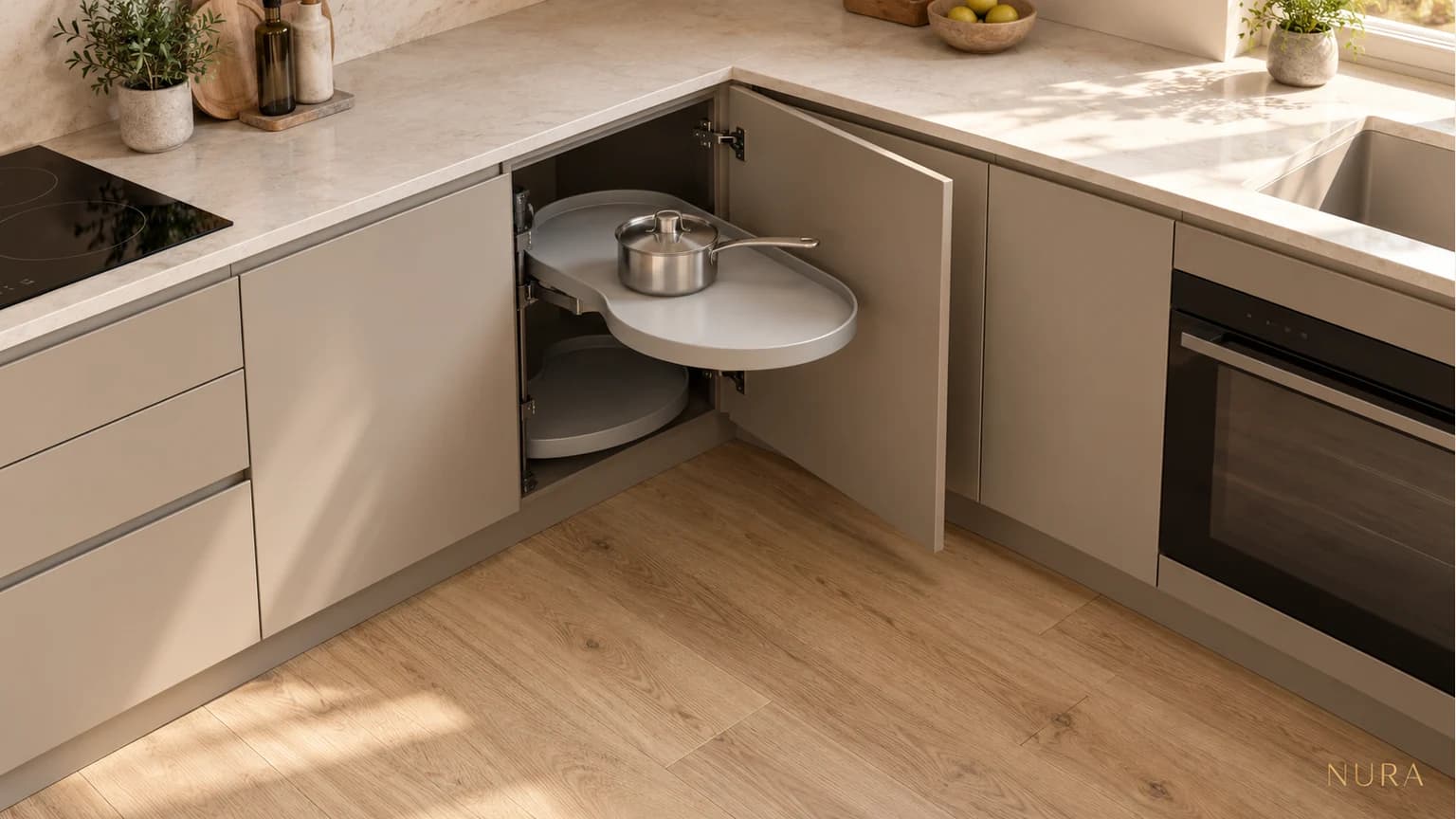Illustration of a corner cabinet with one curved shelf extended into clear floor space and adjacent fronts closed