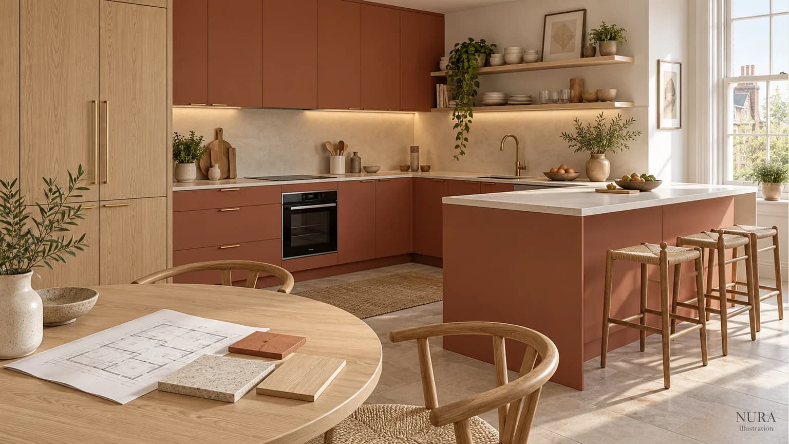 Clay-coloured kitchen with pale wood tall cabinetry, ivory worktops and material samples on a dining table