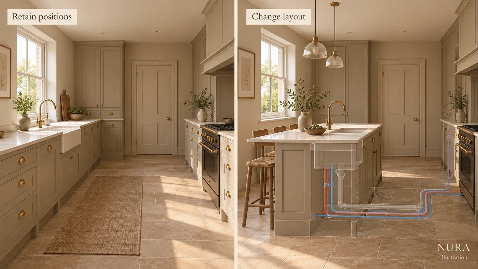 Two kitchen layout illustrations with a sink retained beside a window or moved onto a central unit, with schematic service routes