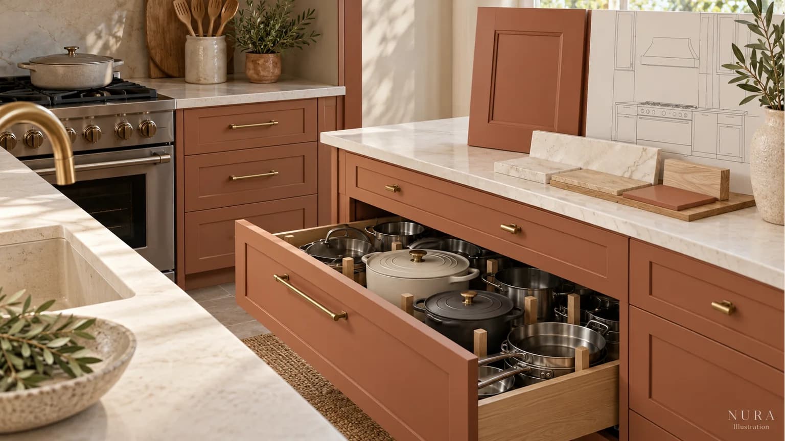 Open pot drawer below clay kitchen fronts, with door and worktop samples on the counter