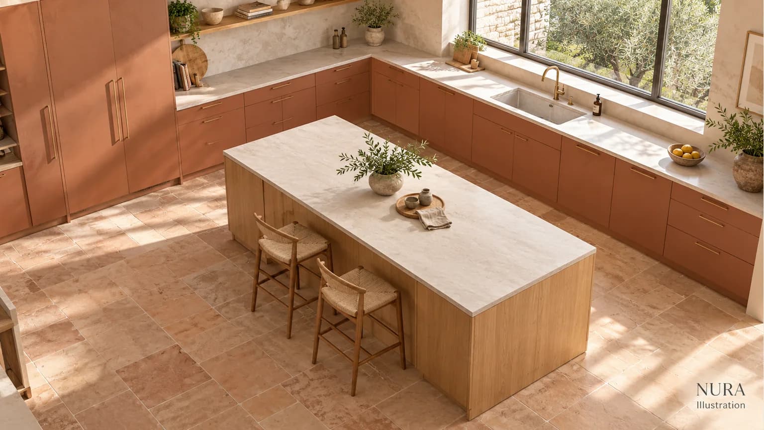 Terracotta kitchen with a pale rectangular island, oak cabinetry and two timber seats seen from above