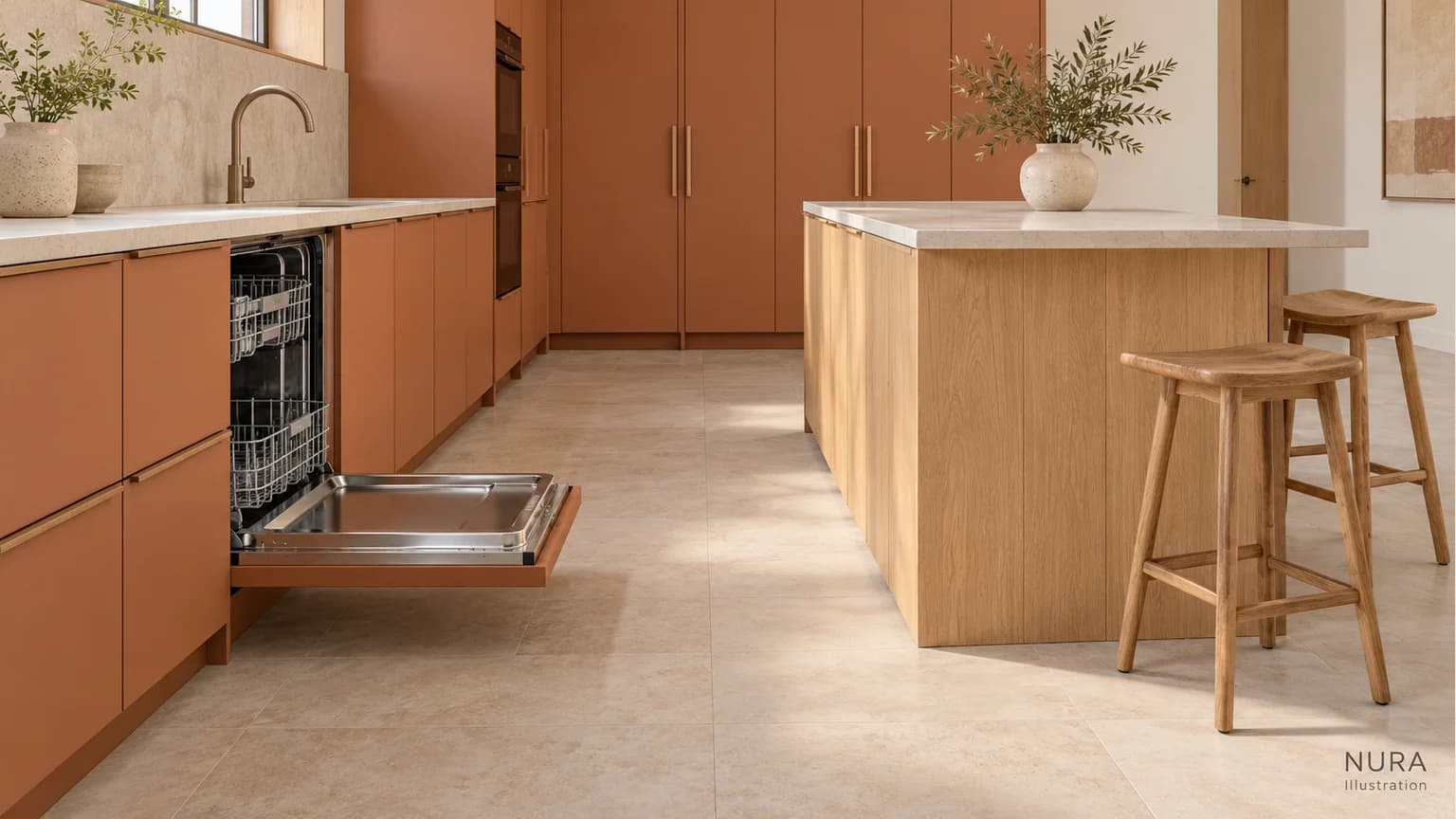 An open dishwasher in terracotta cabinetry opposite an oak island with two stools