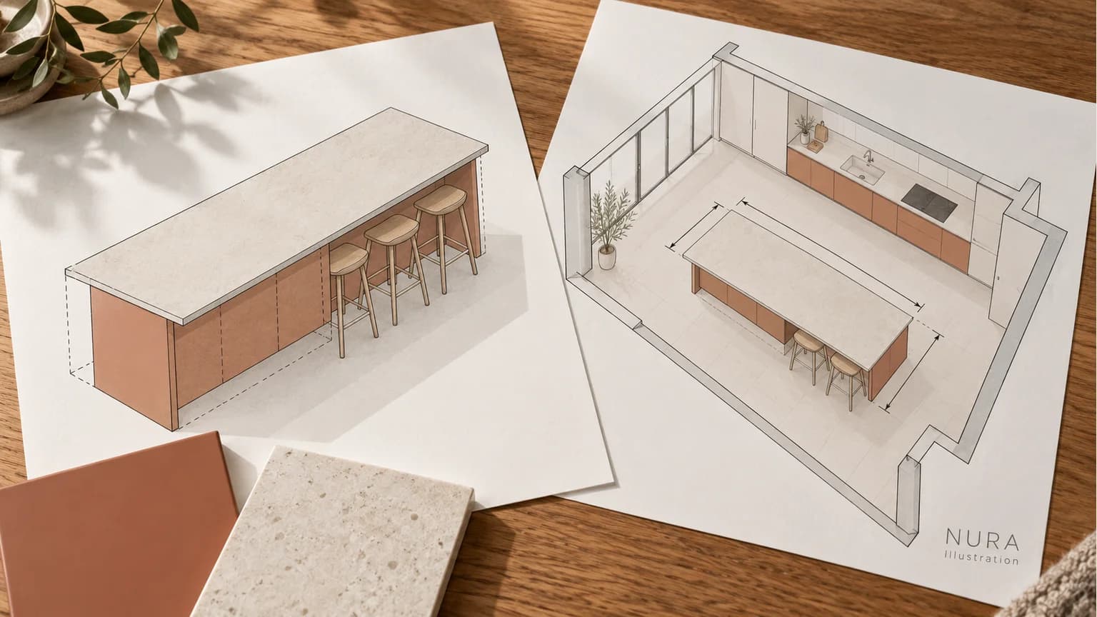Two illustrated planning sheets showing separate worktop and cabinet outlines beside terracotta and pale surface samples