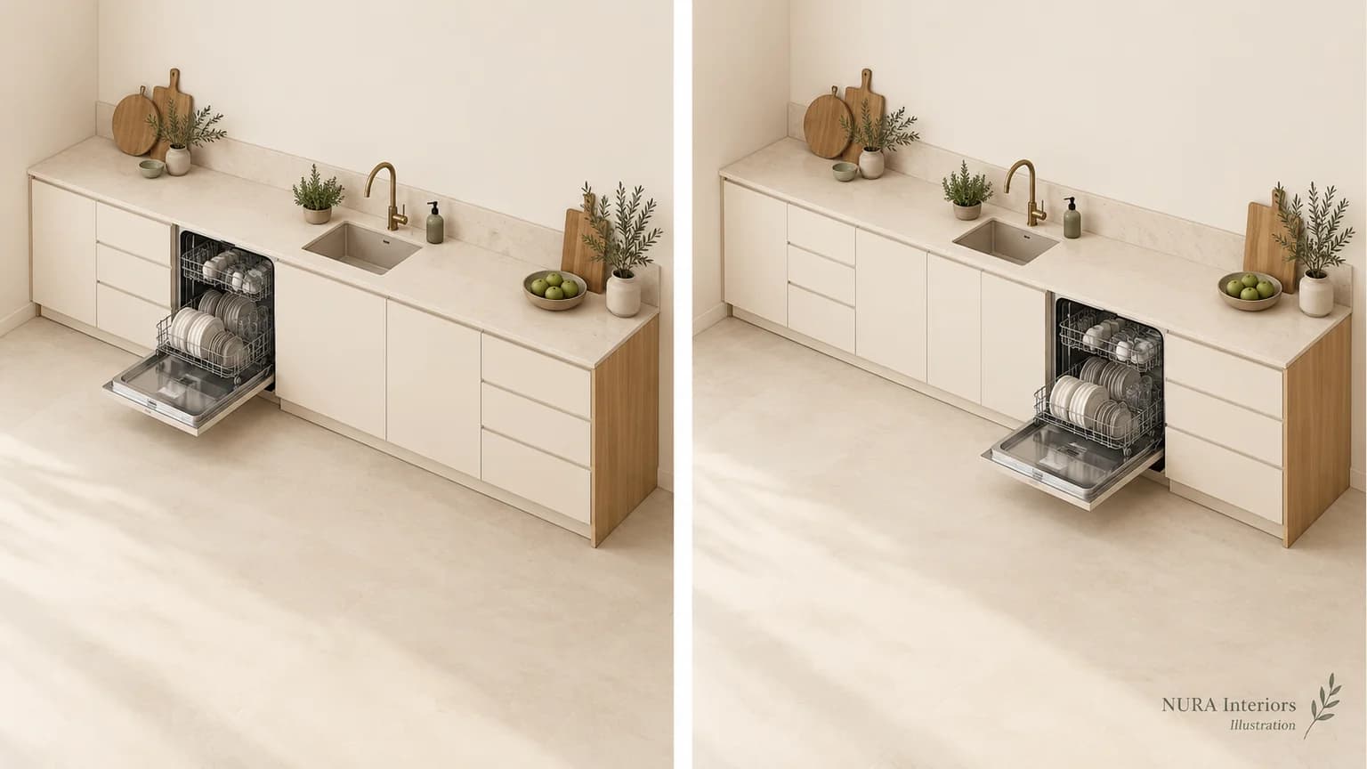 Two axonometric kitchen illustrations compare an open dishwasher to the left and right of a central sink