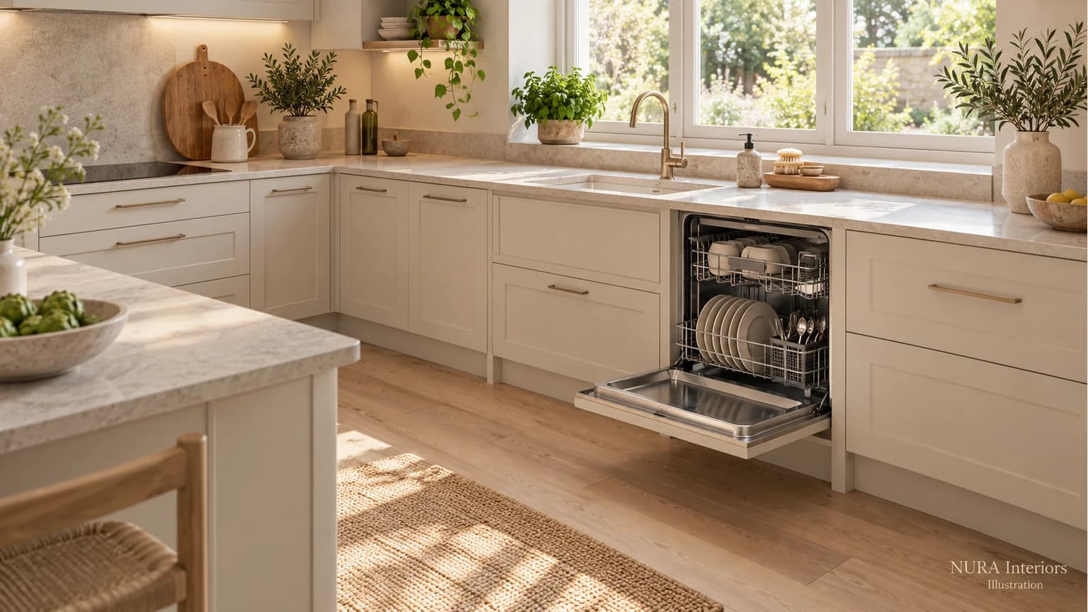 Open dishwasher beside a window sink in a cream and oak kitchen with an uncluttered floor